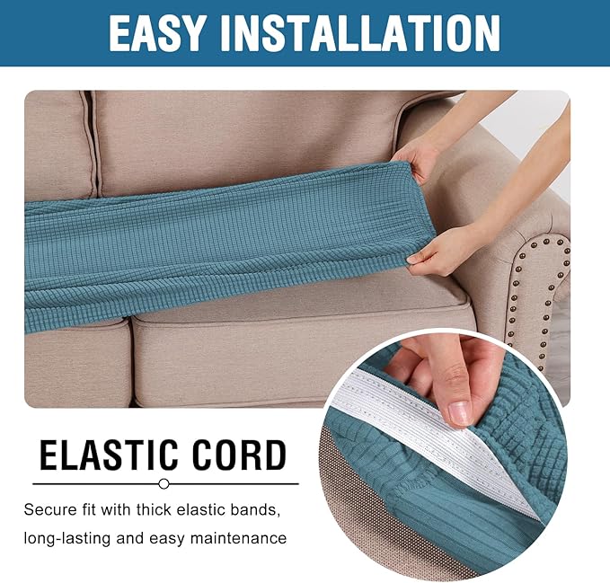 H.VERSAILTEX Super Stretch Individual Seat Cushion Covers Sofa Covers Couch Cushion Covers Slipcover Sets Thick Jacquard Textured Twill Fabric (1 Piece Loveseat Cushion Cover, Storm Blue)-Ruum Studio Home