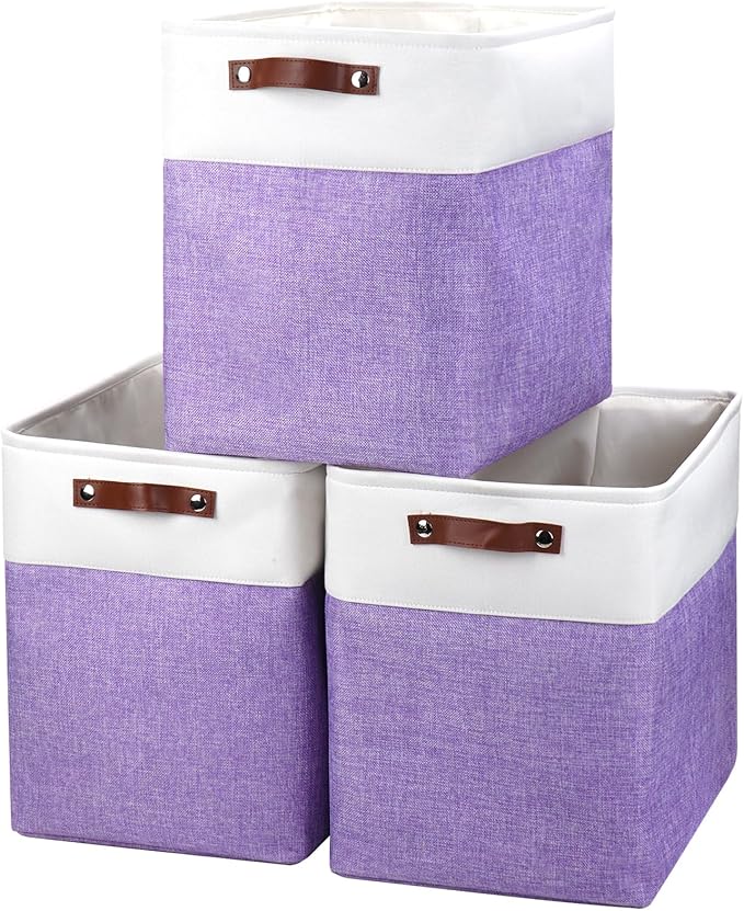 Large Fabric Storage Baskets | 50L Storage Bins, Decorative Linen Closet Baskets with Handles for Organizing, Shelf, Toys, Clothes, Home, Office, Nursery, 17x12x15Inches (Purple&White)-Ruum Studio Home