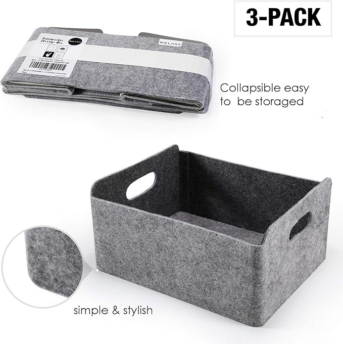 Welaxy Storage Baskets Collapsible Felt Storage bin Foldable Shelf Drawers Organizers for Kids Pet Toys magazine Books Clothes Closet Cabinet decluttering (Charcoal x 3)-Ruum Studio Home