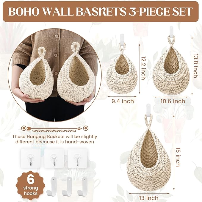 Hanging Fruit Baskets for Kitchen - 3 Pack Boho Wall Hanging Basket with 6 Pcs Strong Hooks, Handwoven Onion Storage Teardrop Home Onion Basket for Fruits Vegetable Potato Kitchen Storage (White)-Ruum Studio Home