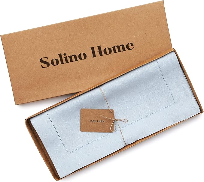 Solino Home Linen Light Blue Table Runner 144 Inches Long - 100% Pure Linen Extra Long Table Runner 14 x 144 Inch - Classic Hemstitch-Ruum Studio Home