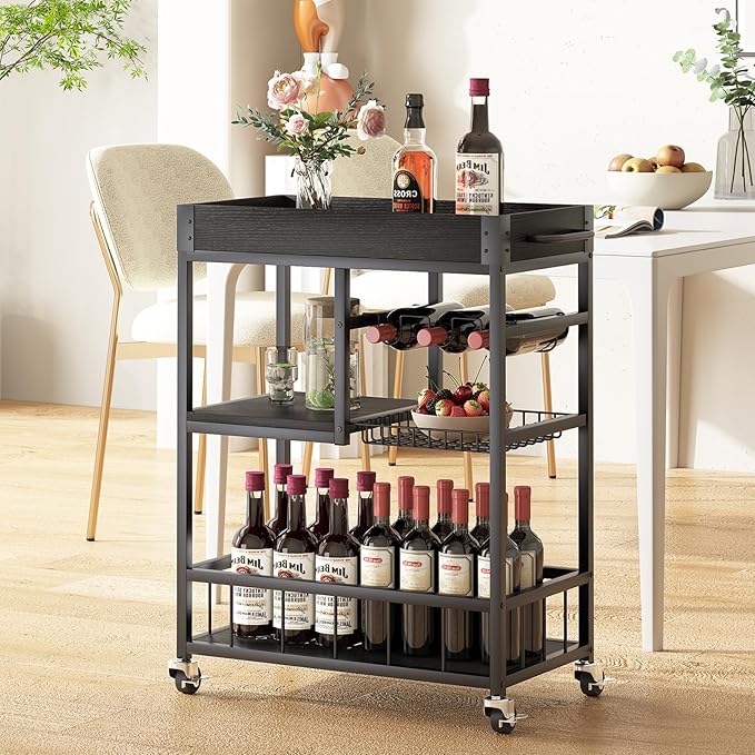 Bar Cart with Basket 3 Tiers Home Rolling Wine Rack with Wheels Mobile Kitchen Industrial Vintage Style Wood Metal Serving Trolley Serving Cart,Black Frame Home Kitchen Shelf for Party-Ruum Studio Home