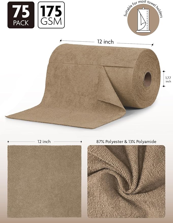 Fantasticlean Microfiber Cleaning Cloth Roll -75 Pack, Tear Away Microfiber Towels, 12" x 12", Reusable, Washable, Scratch Free, Ultra Absorbent Dish Rags for Car, Home, Garage or Shop (TAN)-Ruum Studio Home