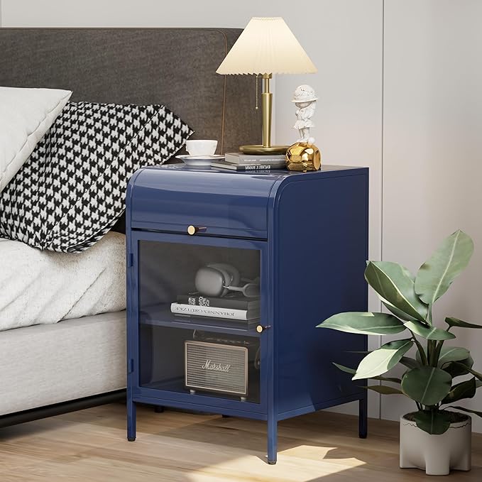 Modern Metal Side Tables Set of 2, End Tables with Glass Door, 2-Tier Nightstands with Storage Shelves, Accent Table, Slim Sofa Table for Living Room, Bedroom (Blue)-Ruum Studio Home