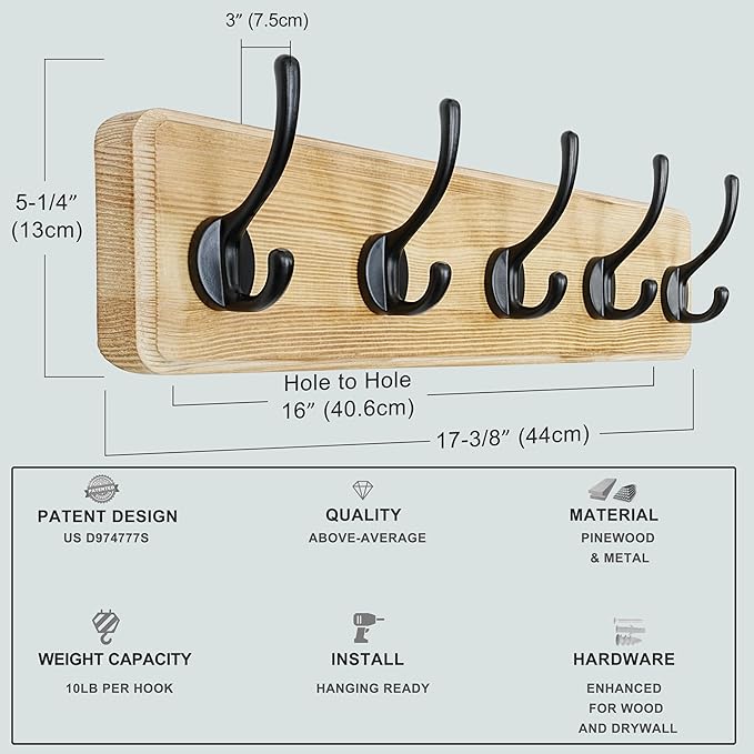 Dseap Coat Rack Wall: Patented, Heavy-Duty, 5-Double-Hooks Wooden Wall Mounted Coat Rack Coat Hanger Hook Rail for Winter Coats Hat Jacket Clothing, Light Brown-Ruum Studio Home