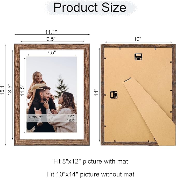 10x14 Picture Frame Set of 4, 10 x 14 Wood Photo Frames with Mat for 8x12 or 30x40cm Diamond Painting Art, Wooden Frame with Real Glass Cover for Wall and Tabletop Display,Rustic Brown-Ruum Studio Home