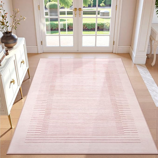 Wonnitar Washable Striped Living Room Area Rug 5x7, Non-Slip Berber Stripe Pink Area Rugs for Bedroom Girls, Low Pile Soft Large Throw Carpet for Kids Nursery Room (Pink,5' x 7')-Ruum Studio Home