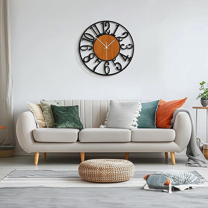 Maxstar Round Wall Clock for Living Room Decor Battery Operated Non Ticking Black Metal Wood Clocks for Home Living Room Garden Office Kitchen Decoration -20 inch-Ruum Studio Home