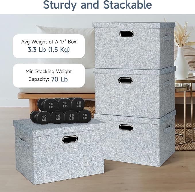 Large 17" 36 Quart Collapsible Stackable Storage Bins with Lids, 3 Packs Blue-Grey Linen Fabric Closet Boxes with Lids, Storage Cube Baskets Container Organizers for Bedroom (17x12x11)-Ruum Studio Home