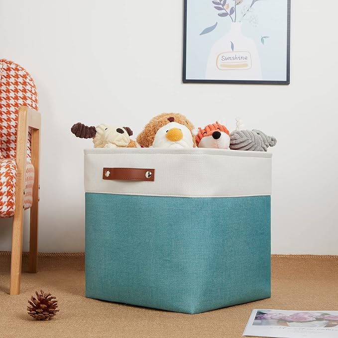 DULLEMELO Storage Bins for Organizing,Closet Storage Baskets for Gift Empty,Large Linen Canvas Storage Bins with Handles for Home Office Toys Shelves(White&Teal, 13 inch Cube)-Ruum Studio Home