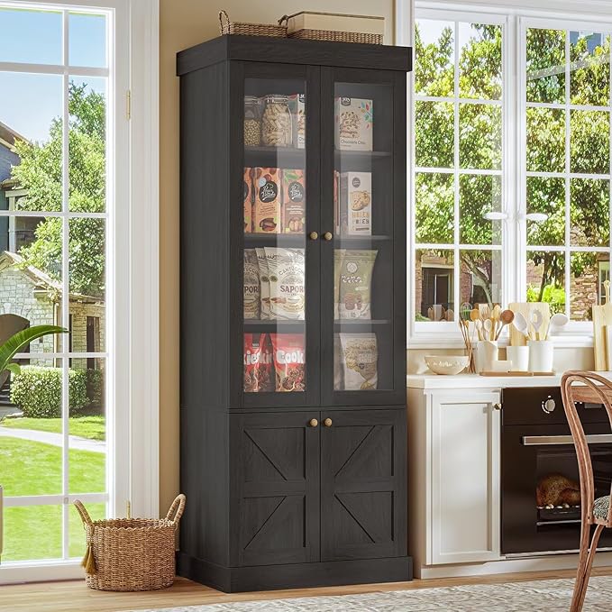 Vyre 71" Tall Farmhouse Bookshelves with Glass Doors, Set of 2 – Large Modular Bookcase with Adjustable Shelves, Storage Cabinet for Living Room, Kitchen, Home Office, Black-Ruum Studio Home