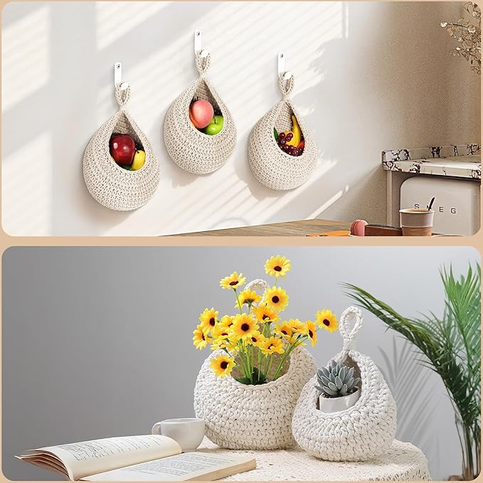 AARAINBOW Boho Wall Hanging Baskets for Kitchen Storage, Fruit Woven Wall Basket 9 Pcs, Hanging Vegetable and Onion Storage with 24 Hooks （White）-Ruum Studio Home