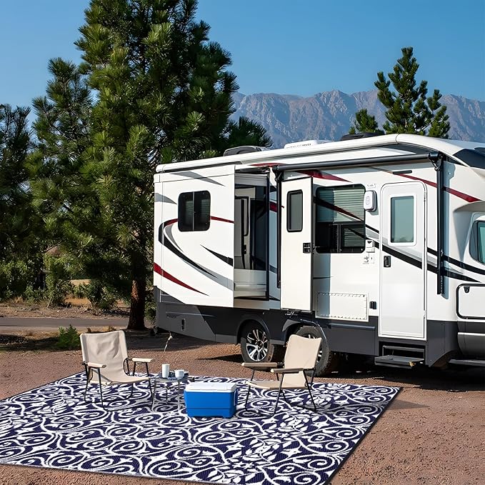 OLANLY Outdoor Rug Waterproof 9x12 ft Clearance, Reversible Outdoor Plastic Straw Rug with Floral Pattern, RV Mat for Patio, Camping, Balcony, Deck, Backyard, Navy & White-Ruum Studio Home