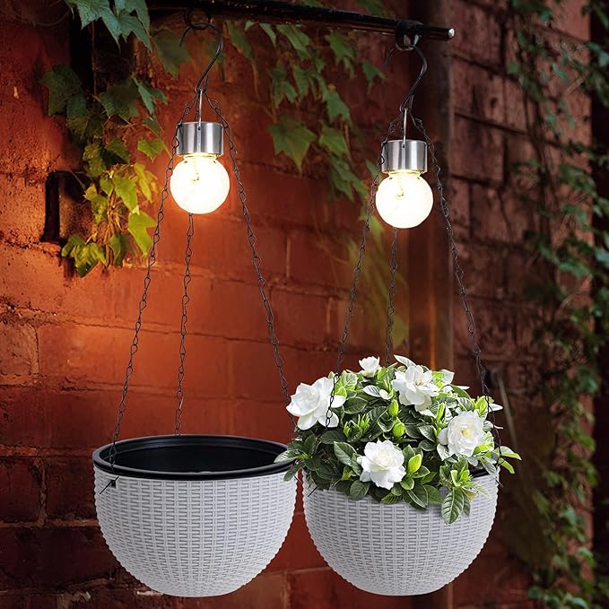 Hanging Pots for Plants Outdoor - 2 Pack White Artificial Rattan Solar Flower Baskets with Drainage Holes & Removable Tray, Garden Gifts for Women/Mothers, Porch, Balcony Decor-Ruum Studio Home