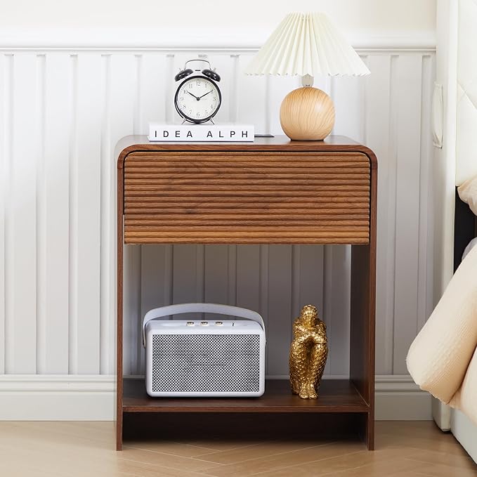 Fluted Nightstand with Charging Station, Mid Century Modern Bed Side Table End Table with Drawer Storage, Large Wooden Night Stands Bedside for Bedroom Living Room Sofa Office, Walnut-Ruum Studio Home