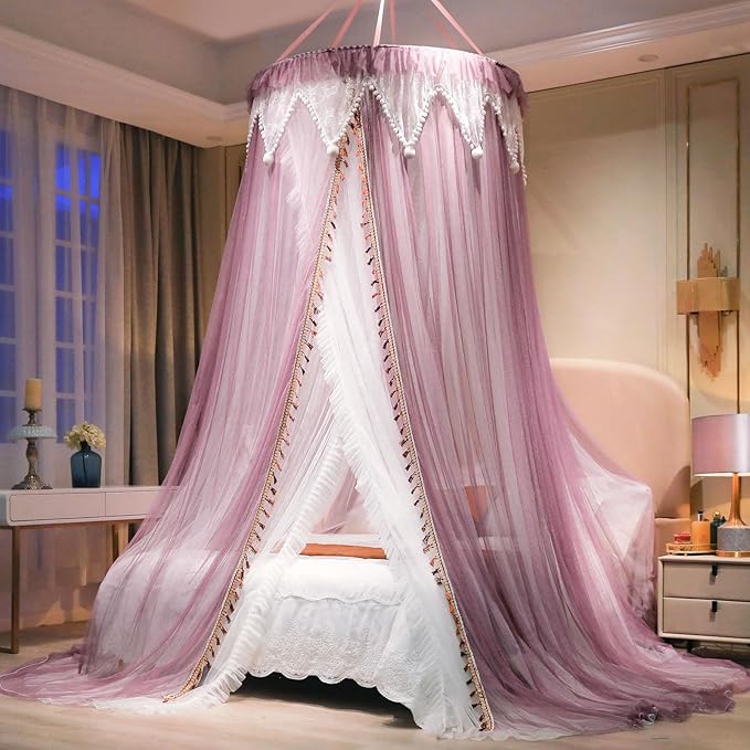 AIKASY Girls and Adults Canopy Bed, Elegant Double-Layer Bed Curtain, Children's Dream Round Lace Mosquito Net, Princess Canopy Net - Fits Twin, Full, Queen, and King Beds (White/Red Bean)-Ruum Studio Home