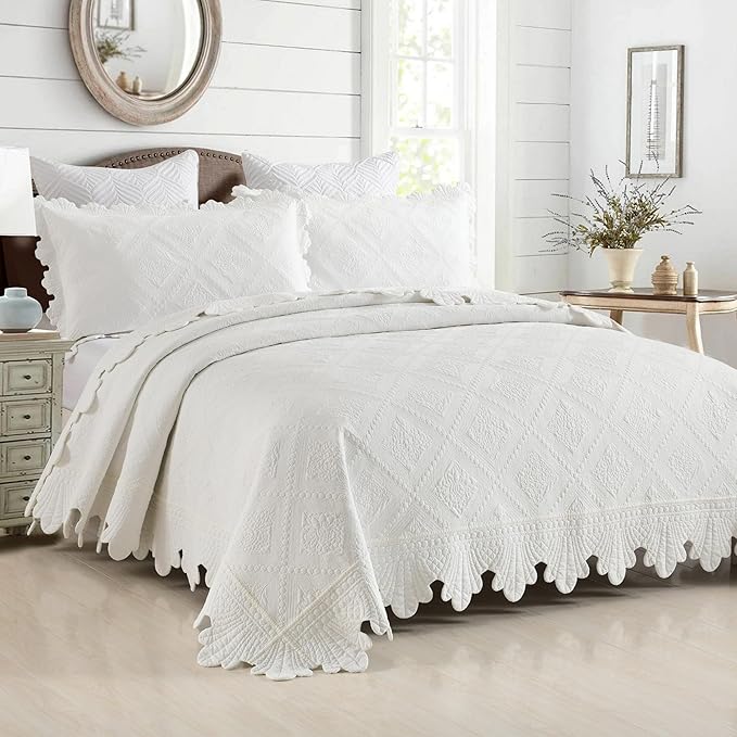 MarCielo 3-Piece 100% Cotton Oversized Bedspread Lightweight Quilt Coverlet Embroidery Farmhouse Bedding Set (TK White, Oversized Queen (100"x106"))-Ruum Studio Home