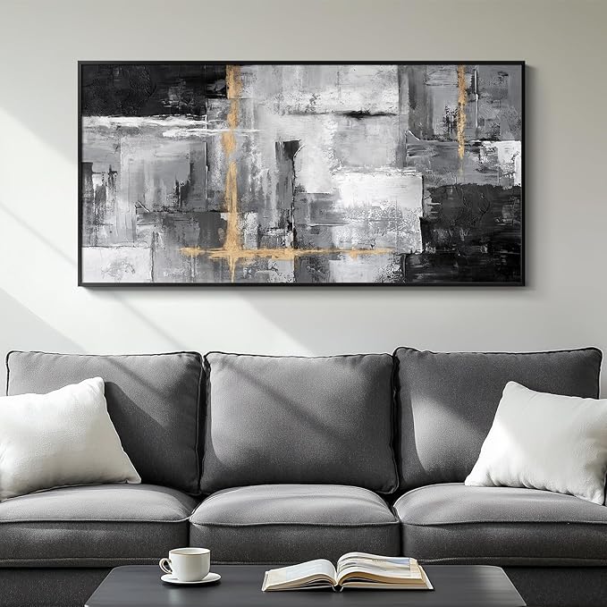 Framed Extra Large Abstract Wall Art for Living Room, Modern Horizontal Gray Canvas Prints Paintings Artwork for Walls, Black Grey Pictures for Hallway DiningRoom Bedroom Office Wall Decor Big Size 30x60 In-Ruum Studio Home