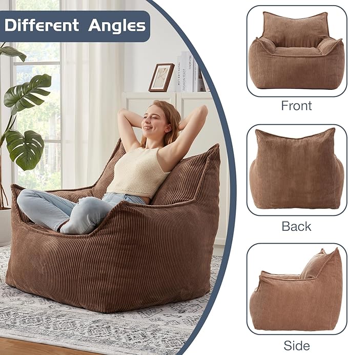 Giant Bean Bag Chair Sofa for Adults Teens, Comfy Corduroy Large Bean Bag Chairs with Armrests for Bedroom Living Room, Adult BeanBag Lazy Sofa Couch Chairs with Filler Included-Ruum Studio Home