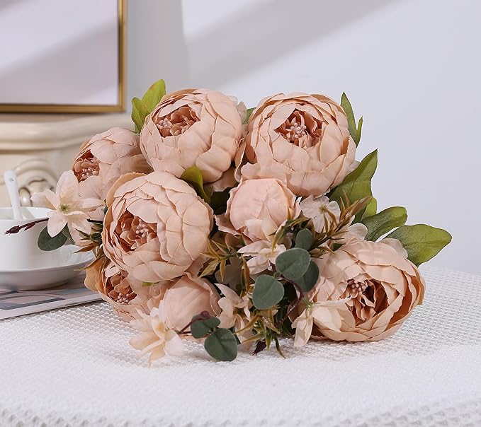 Duovlo Artificial Peony Silk Flowers Fake Flowers Vintage Wedding Home Decoration,Pack of 1 (Light Champagne)-Ruum Studio Home