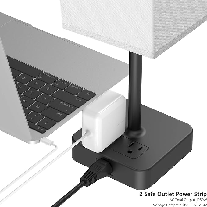 Bedside Table Lamp with Touch Control & USB C+A Charging Ports LED Desk Lamp with 2 AC Outlets, Minimalist Nightstand Light with Black Fabric Shade for Bedroom, Living Room, Office, White-Ruum Studio Home