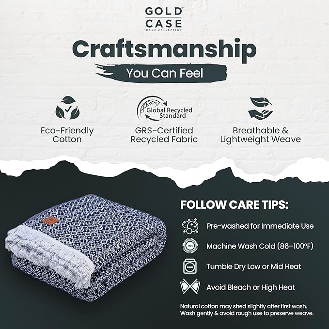 Gold Case Throw Blanket for Bed – 100% Recycled Turkish Cotton Bed Blanket – Decorative Throw Cotton Blankets for Living Room & Bedroom – Retro Navy Blue Woven Queen Blankets – 90x90-Ruum Studio Home