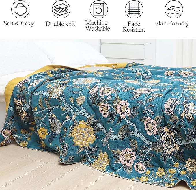 Snycler Boho Throw Blanket for Bed - 100% Cotton Ultra Soft Rustic Quilt Blanket Green Bird Floral Printed Farmhouse Decor Bed Blankets, 80"×90" All Season Rustic Throw for Sofa Couch Chair-Ruum Studio Home