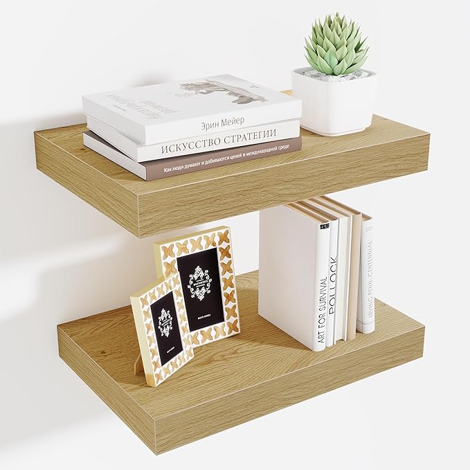 Fun Memories Floating Shelves for Wall - 10 x 16 Floating Shelf - Rustic Wood Storage Shelf - Wall Shelves with Invisible Bracket - 16" Bookshelves for Living Room & Bedroom - Oak - Set of 2-Ruum Studio Home