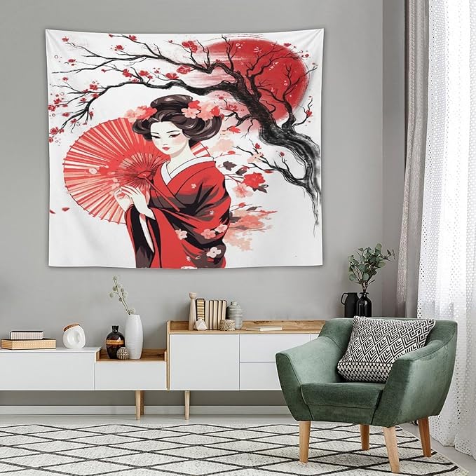 Japanese Red Geisha Tapestry Asian Cherry Blossom Traditional Kimono Folk Tapestries Home Decor for Living Room Bedroom Apartment Farmhouse Dorm 60"x50"-Ruum Studio Home