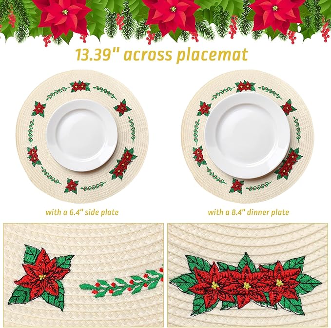 Whaline 4Pcs Round Christmas Flower Placemats Embroidered Xmas Poinsettia Place Mats Decorative Dinner Table Mats for Holiday Party Decor-Ruum Studio Home