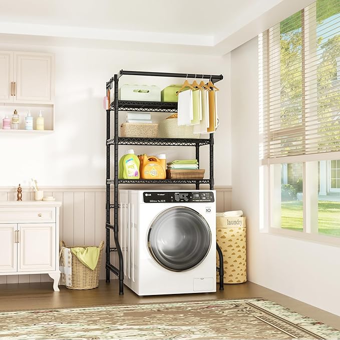 Ulif U11 Over Washer and Dryer Shelves, 3 Tiers Laundry Room Storage and Organizer Standing Shelf, Metal Freestanding Clothes Drying Rack, 33.9" W x 19.7" D x 77.6" H, Black-Ruum Studio Home