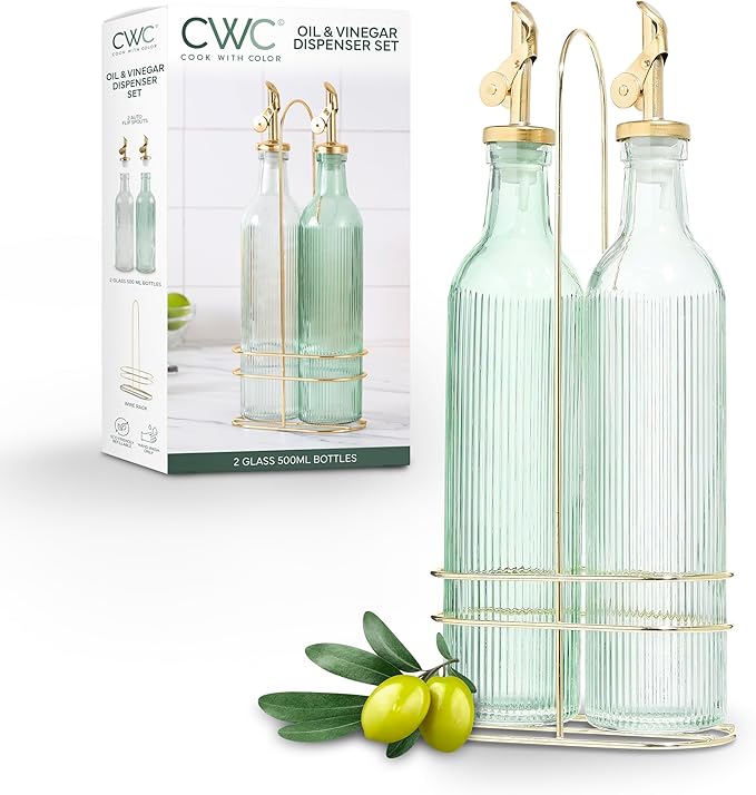 COOK WITH COLOR Glass Olive Oil Bottle Dispenser - 2 Pack- 17oz Oil and Vinegar Cruet - Olive Oil Carafe Decanter for Kitchen-Ruum Studio Home