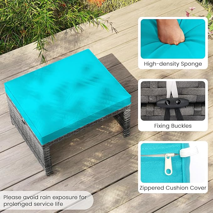 Tangkula 2 Pieces Patio PE Rattan Ottomans, Multipurpose Outdoor Footstool Footrest Additional Seating Side Table with Soft Zippered Cushions for Deck, Garden, and Yard (Turquoise)-Ruum Studio Home