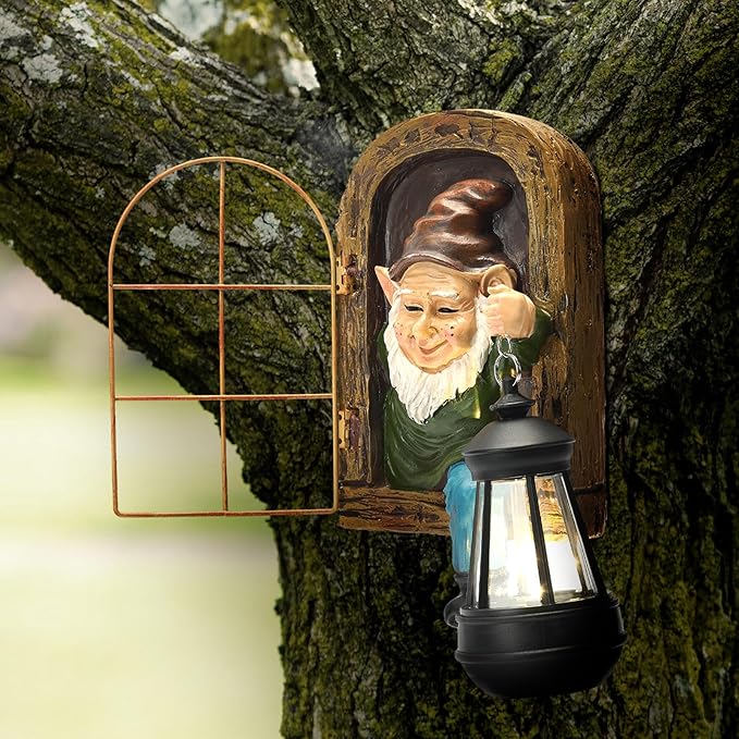 Garden Gnome Decor Outdoor Statue - Gnome With Solar Waterproof Lantern, Whimsical Elf Out The Door Tree Hugger Garden Statues, Home, Fence, Patio, Resin Ornament, Gardening Gift Tree Faces Gnomes-Ruum Studio Home