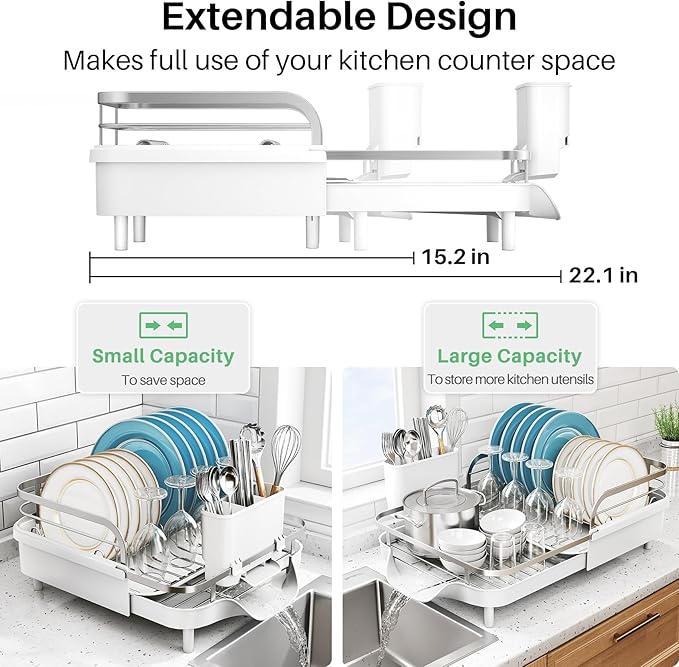 Dish Drying Rack, Expandable Dish Rack for Kitchen Counter, Stainless Steel Dish Drainer with Drainboard Set and Utensil Holder (White)-Ruum Studio Home