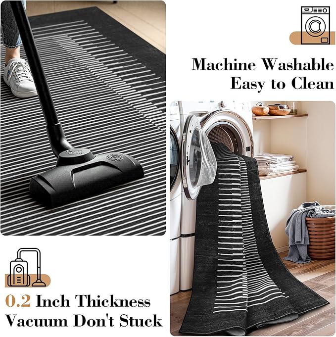 Wonnitar Washable Striped 5x7 Washable Area Rug, Non-Slip Black Berber Stripe Rugs for Living Room, Low Pile Minimalist Floor Carpet Rugs for Bedroom Dining Room Home Office (Black,5' x 7')-Ruum Studio Home