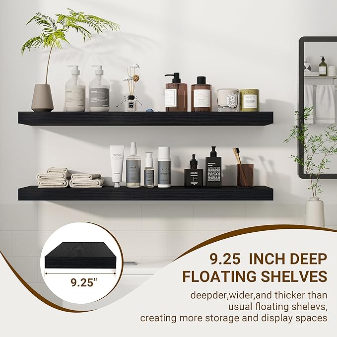 36 Inch Floating Shelves, 36"x9.25"x1.5" Inch Deep Floating Shelves for Wall, Wooden Shelves for Bathroom, Bedroom, Living Room, Black-Ruum Studio Home