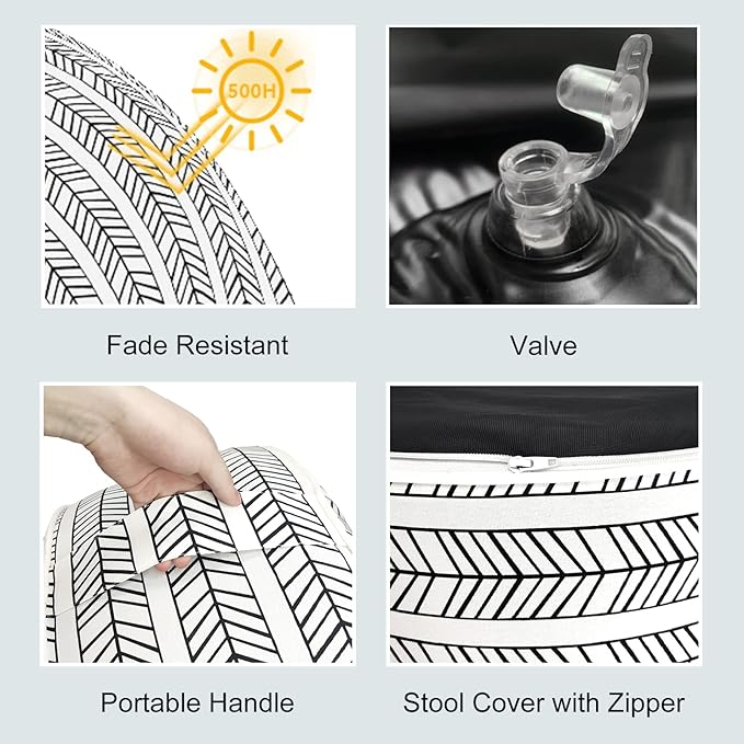 LVTXIII Outdoor/Indoor Inflatable Ottoman, Patio Footrest Stool, Portable Round Ottoman for Patio Garden, Camping or Home, Herringbone Black White-Ruum Studio Home