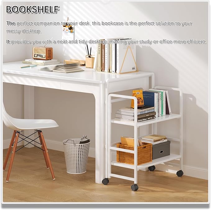 4NM 2 Tiers No-Assembly Folding Bookshelf with Wheels, Portable Rolling Storage Bookcase & Compact Side Table for Living Room, Bedroom, Kitchen, Bathroom (All White)-Ruum Studio Home
