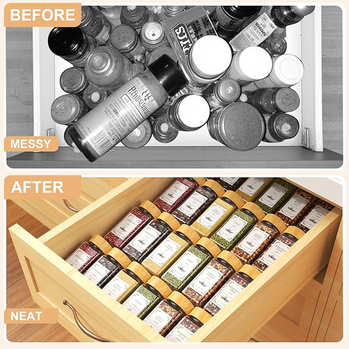 24 Spice Jars with Spice Drawer Organizer, 355 Spice Labels, 4 Pack Expandable From 11'' to 21'' Acrylic Spice Rack for Drawer, Seasoning Containers Storage Organization for Kitchen Cabinet Countertop-Ruum Studio Home