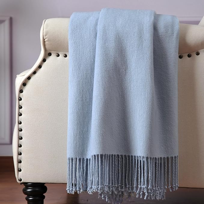 CUDDLE DREAMS Silk Throw Blanket with Hand-Knotted Fringe, Natural, Soft & Breathable (Ice Blue)-Ruum Studio Home