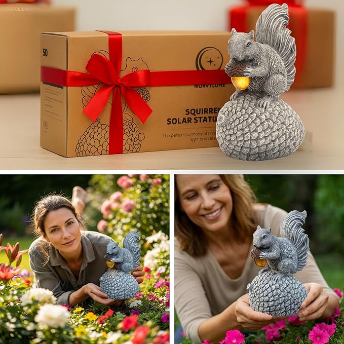 Solar Garden Statue – Hand-Painted Resin Squirrel on Pinecone with Glowing LED Acorn – Charming Yard, Patio & Balcony Decor – Gift for Mom, Grandma & Garden Lovers-Ruum Studio Home