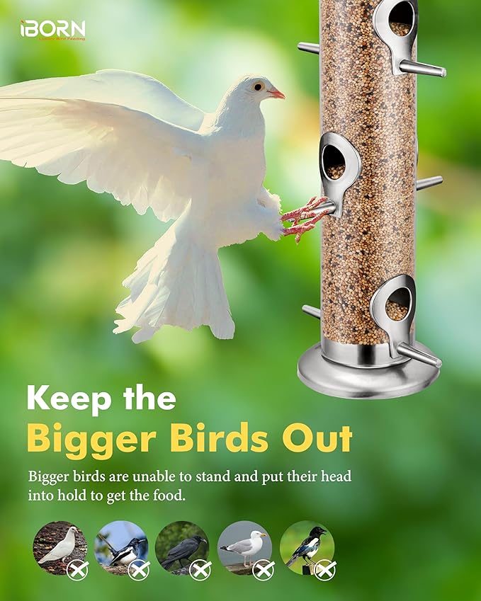 iBorn Metal Bird Feeders 6 Ports Hanging Wild Bird Seed Feeder for Mix Seed Blends, Niger Seed Feeder, Sunflower Heart, Birdbath, Heavy Duty All Metal Nickle Finishing 14 Inch 6Port-Ruum Studio Home