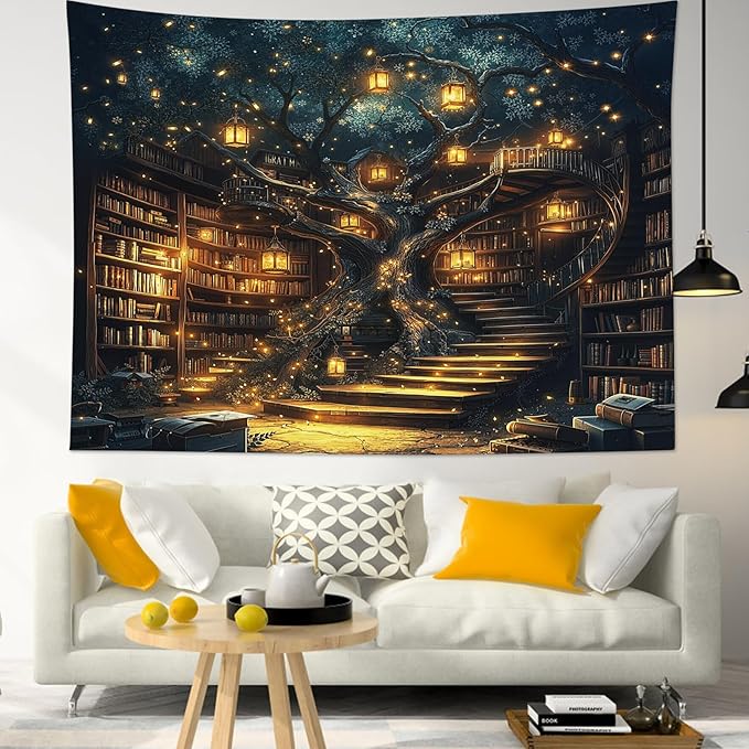 HVEST Fantasy Library Bookshelf Tapestry for Classroom Fairytale Tree Magic Bookshelf Wall Decor Retro Vintage Tapestry for Bedroom Living Room Study Room Dorm, 60L x 80W Inches-Ruum Studio Home