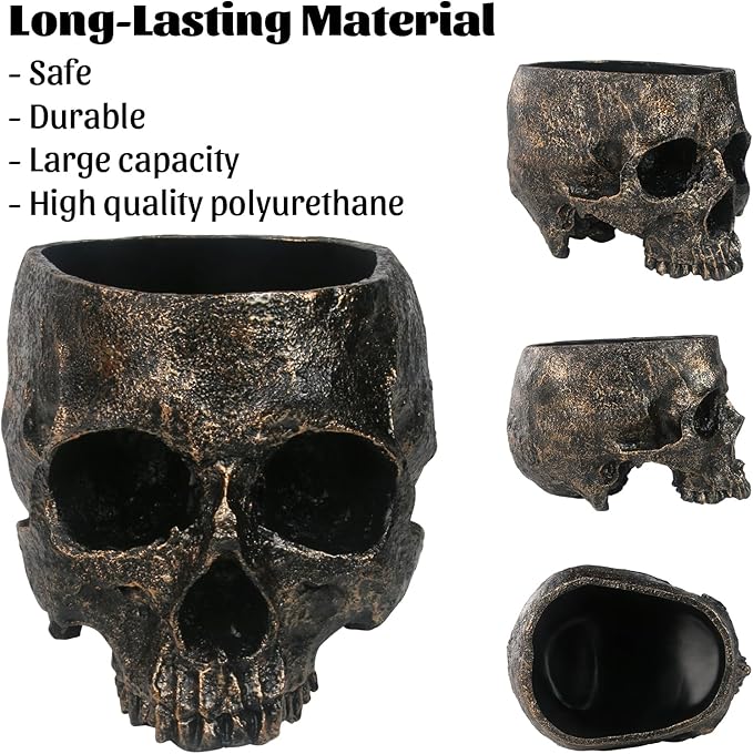 7lb Capacity Extra Large Halloween Skull Candy Dish - Deep Skull Head Halloween Candy Bowl Holder Artificial Resin Skulls Decor Indoor Outdoor Table Centerpieces Flower Pot Plant Office Pen Holder-Ruum Studio Home