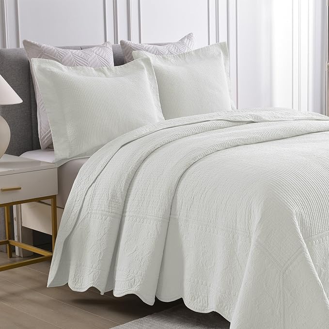 MarCielo 3-Piece 100% Cotton Oversized Bedspread Lightweight Quilt Coverlet Embroidery Farmhouse Bedding Set (TG Bright White, Oversized Queen (100"x106"))-Ruum Studio Home