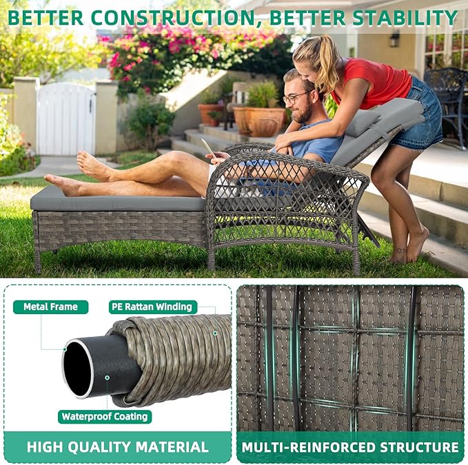 VIVIJASON 3 Pieces Outdoor Wicker Chaise Lounge Chair Set, All-Weather PE Rattan Cushioned Patio Lounger Set of 2 with Side Table, Adjustable Pool Sunbathing Recliner with Armrest & Pillow, Gray-Ruum Studio Home