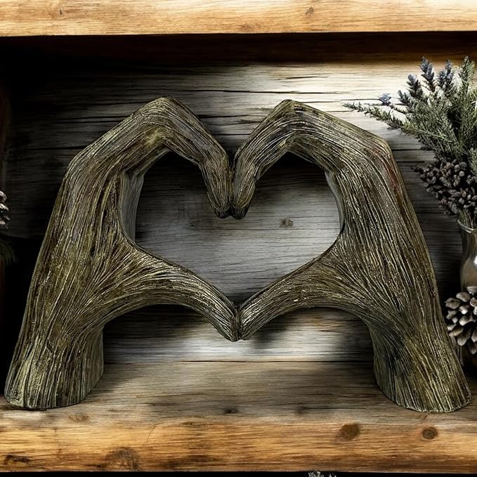 Top Brass Large Rustic Heart Hands Sculpture, 9 3/4” Resin Love Statue – Romantic Decor Accent for Shelf or Mantel – Perfect for Wedding, Valentine's Day or Anniversary (Rustic Wood Grain)-Ruum Studio Home