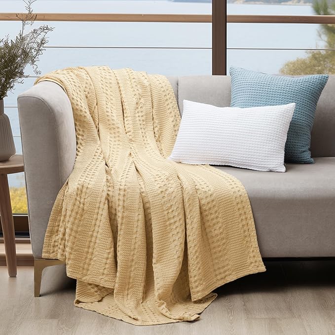 PHF Cooling Waffle Blanket Twin Size, Lightweight 60% Rayon Derived from Bamboo & 40% Cotton Breathable Blanket for Hot Sleepers, Soft and Luxury for Bed Couch and Sofa, 66"x90", Beige-Ruum Studio Home