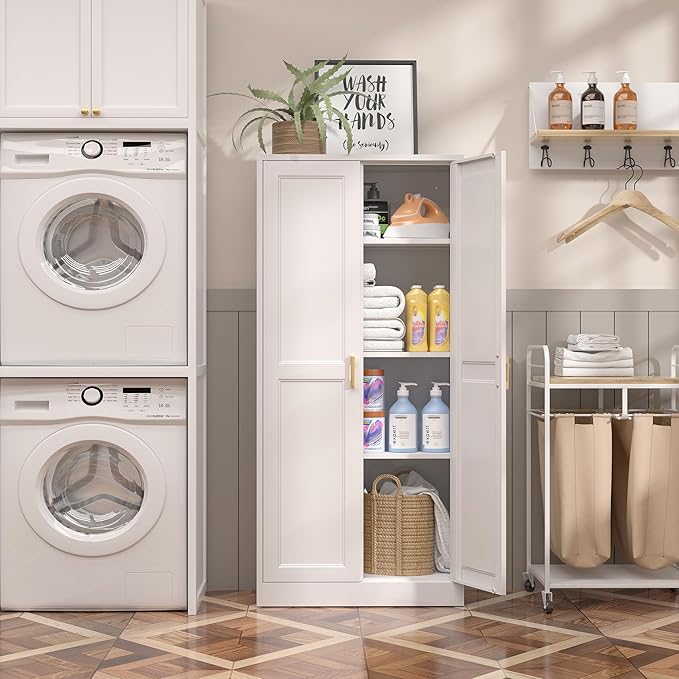 Kitchen Cabinet Storage,60”Metal Pantry Cabinet with Doors and 3 Adjustable Shelves,Food Pantry Cabinets with 2 Gold Handles,White Tall Storage Cabinet for Livingroom,Pantry,Bathroom,Kitchen-Ruum Studio Home